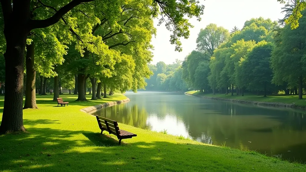 Santakos parkas vasarą su medžiais ir žmonėmis šalia vandens