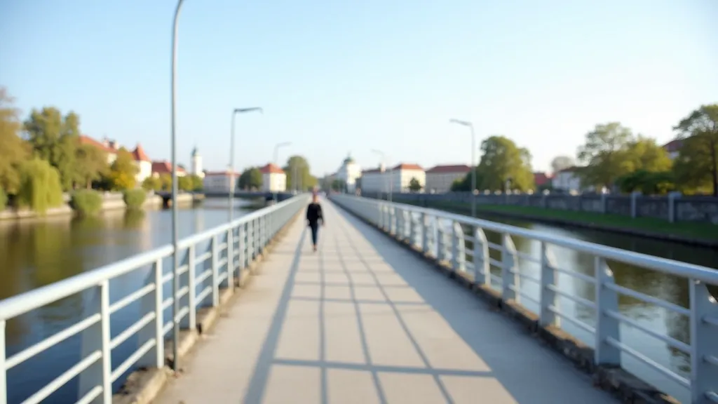 Pėsčiųjų tiltas virš upės su miesto panorama