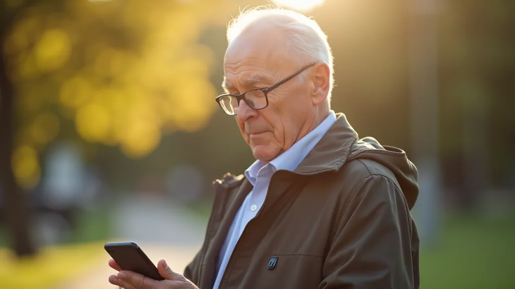 Vyresnis žmogus tikrina mobilųjį telefoną prieš išeinant pasivaikščioti